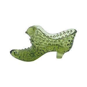 Vintage Fenton Cat Head Bow Hobnail Avocado or Forest Green Glass Shoe Art Glass
